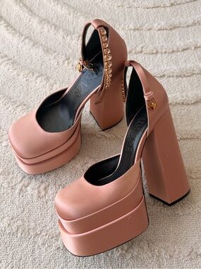 Versace Dusty Rose Satin Platform Block Heels with Crystal-Ankle Strap / Size 40
